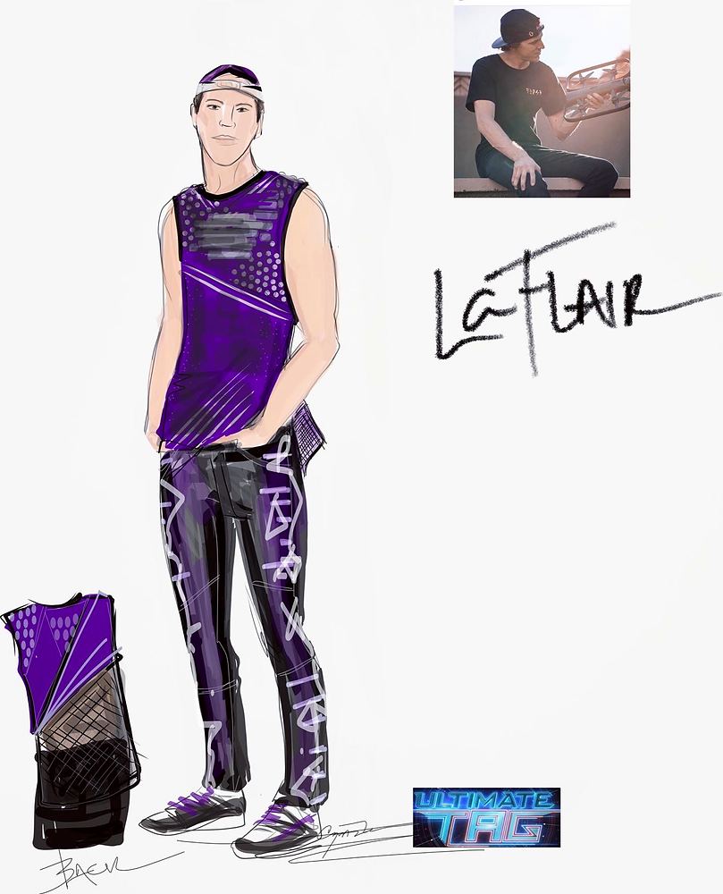 La Flair in a purple and silver sleeveless top and printed pants, Ultimate Tag (FOX). Costume sketch by Cynthia Nordstrom