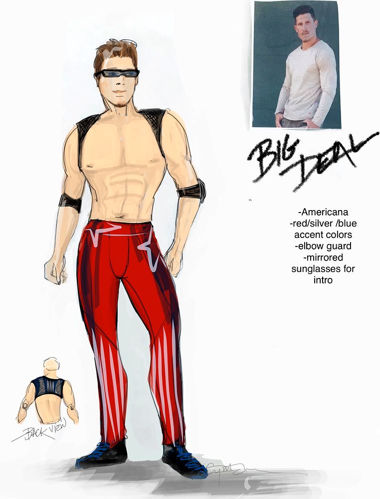 Big Deal in red, white and blue pants, harness and mirrored glasses, Ultimate Tag (FOX). Costume sketch by Cynthia Nordstrom