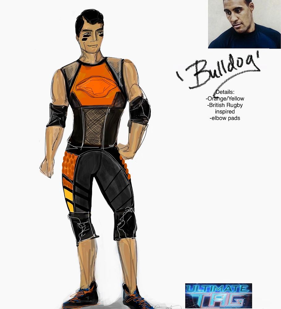 Bulldog in an orange and black rugby-inspired top with elbow pads, Ultimate Tag (FOX). Costume sketch by Cynthia Nordstrom