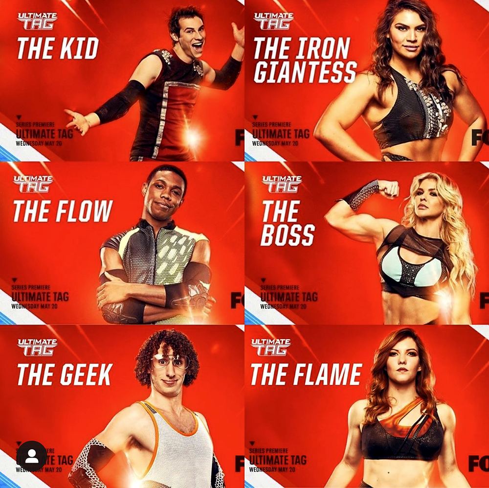 Ultimate Tag FOX promo grid of six taggers in costume: The Kid, Iron Giantess, The Flow, The Boss, The Geek, The Flame