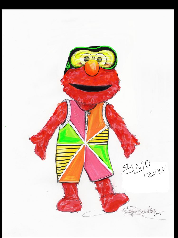 Elmo in green goggles and a neon color-block vest and shorts, USJ anniversary shows. Costume sketch by Cynthia Nordstrom
