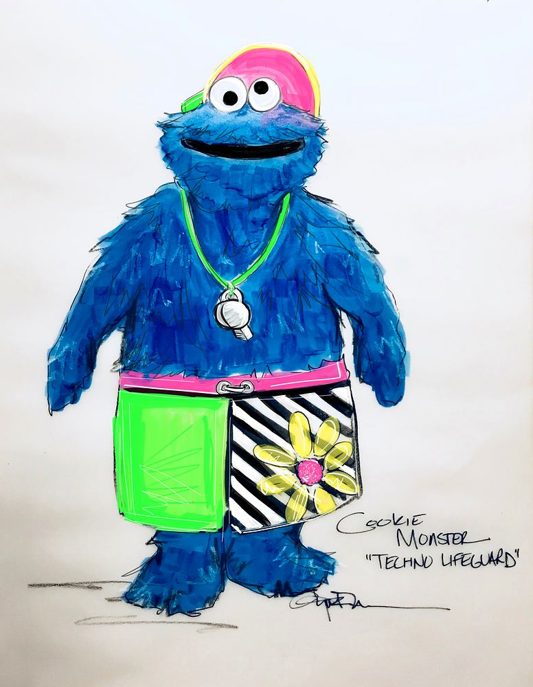 Cookie Monster as a lifeguard in neon print shorts, cap and whistle, USJ anniversary shows. Costume sketch by Cynthia Nordstrom