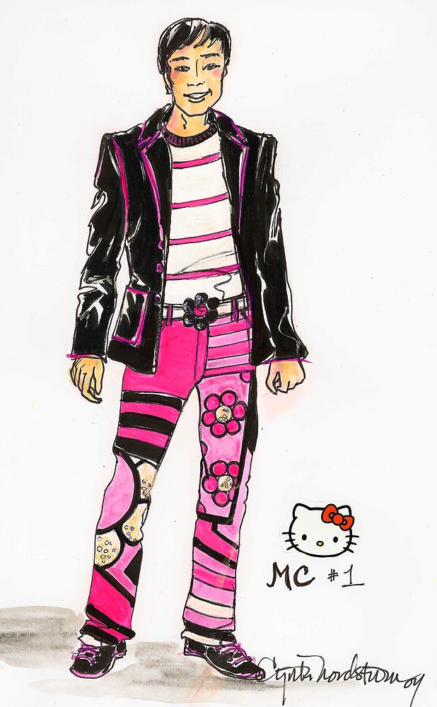 Male MC in a black jacket, striped top and pink Hello Kitty print pants, USJ anniversary shows. Costume sketch by Cynthia Nordstrom