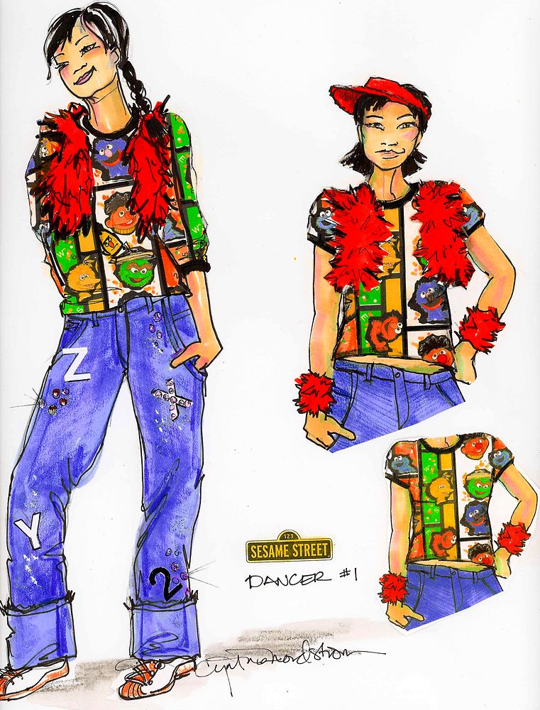 Sesame Street dancer in a patchwork vest, red boa and alphabet print jeans, USJ anniversary shows. Costume sketch by Cynthia Nordstrom