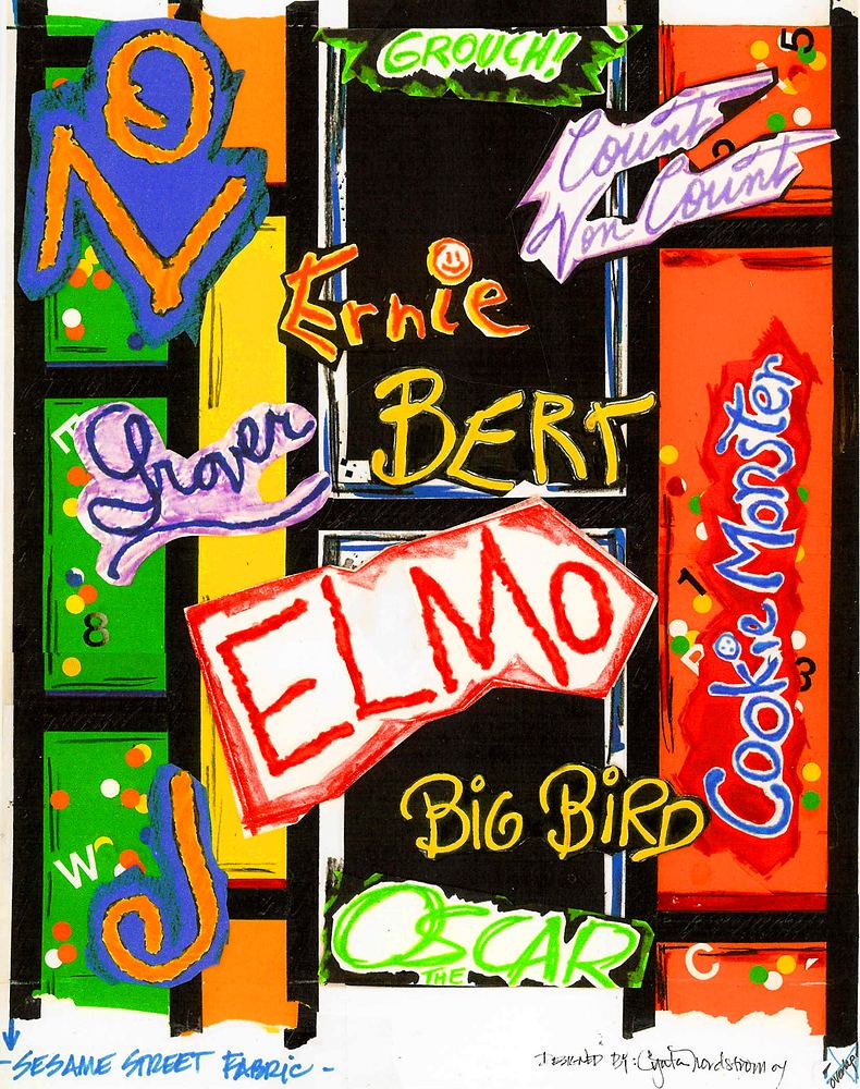 Sesame Street fabric print design with Elmo, Big Bird, Oscar and friends names, USJ anniversary shows