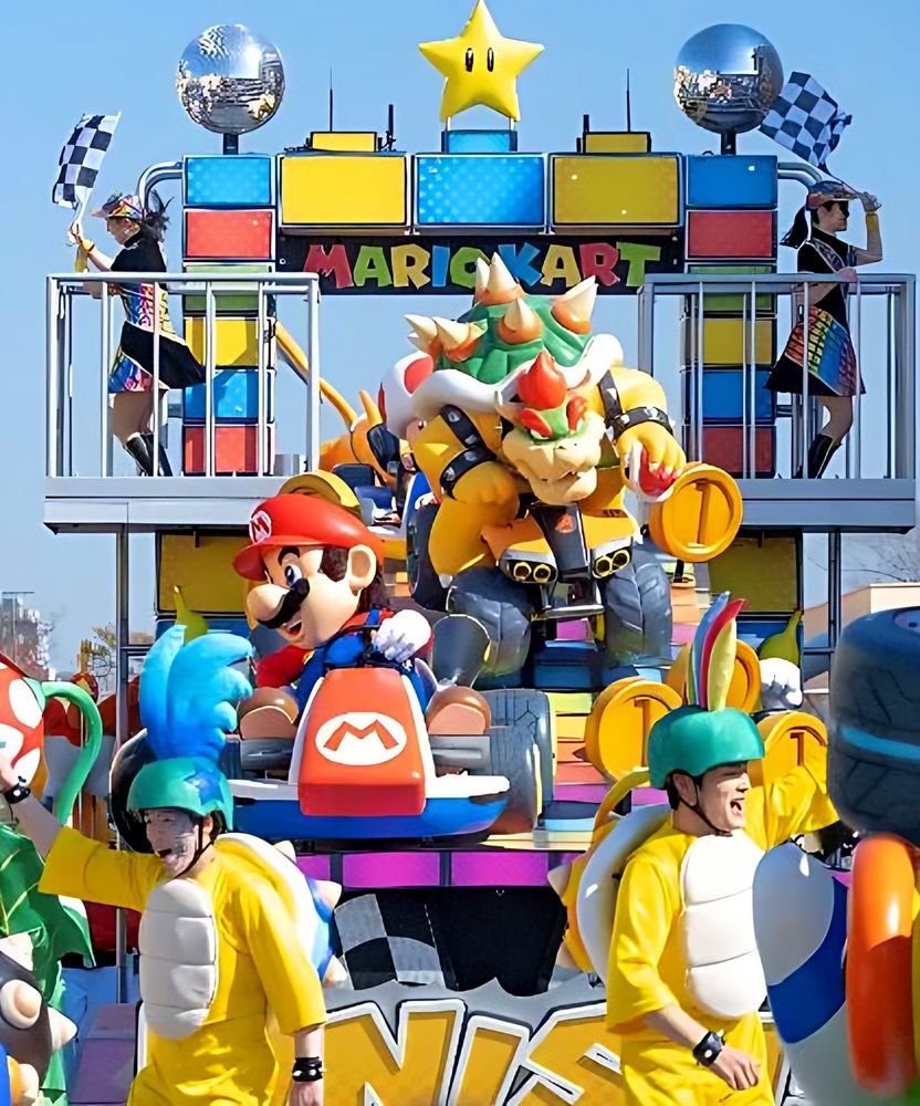 Mario Kart float with Mario, Bowser and dancers in yellow helmets, NO LIMIT! Parade, USJ. Costume design by Cynthia Nordstrom