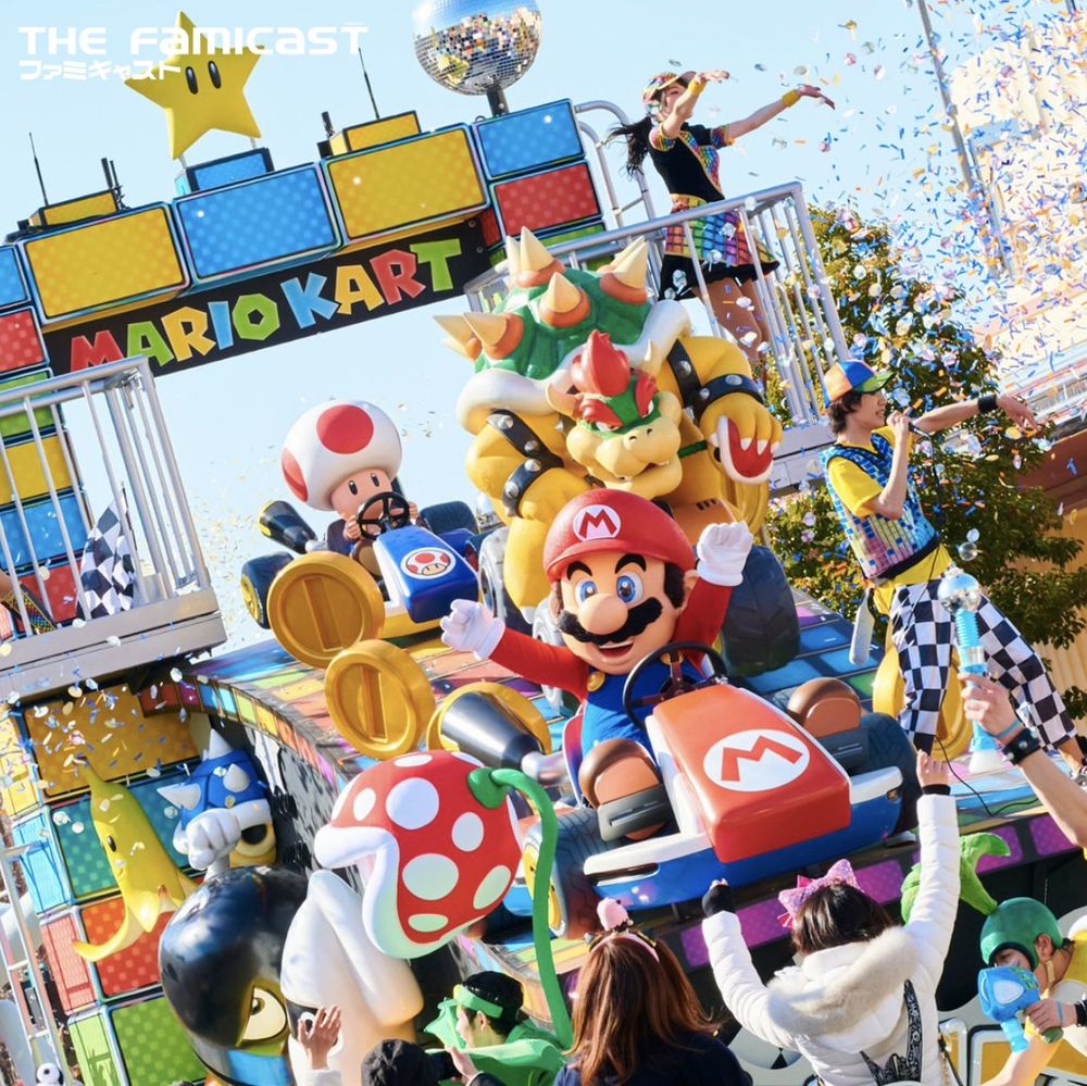 Mario in a kart atop the Mario Kart float with Toad and Bowser, NO LIMIT! Parade, USJ. Costume design by Cynthia Nordstrom