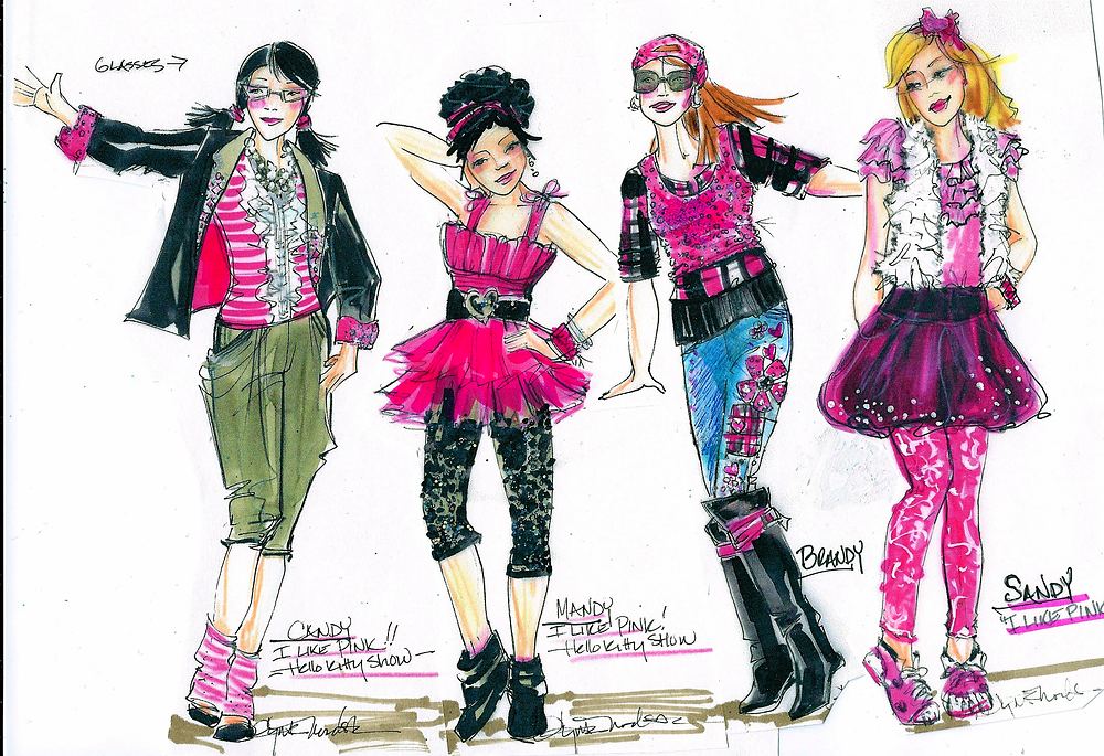 Four girls in pink and black pop street looks with tutus and boots, USJ anniversary shows. Costume sketch by Cynthia Nordstrom