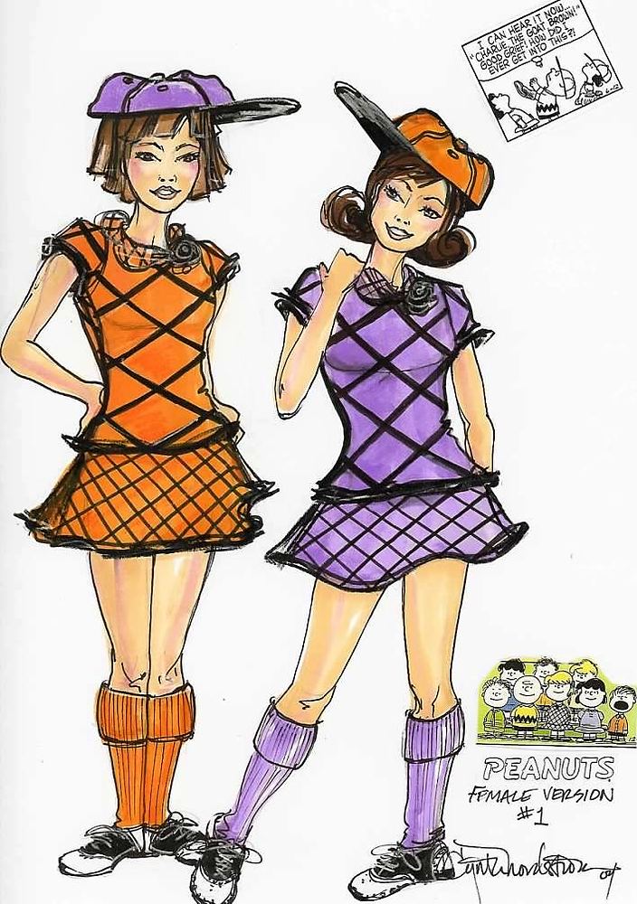 Two Peanuts-inspired girls in orange and purple argyle dresses and caps, USJ anniversary shows. Costume sketch by Cynthia Nordstrom