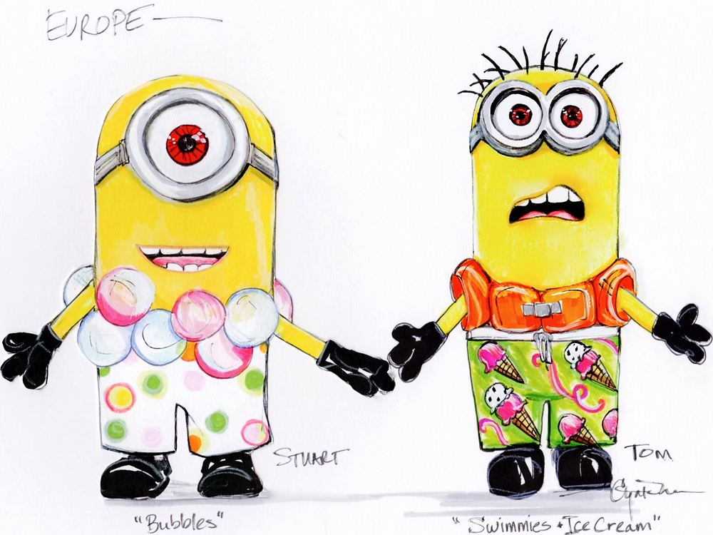 Minions Stuart in a bubble print top and Tom in ice cream print swim trunks, USJ anniversary shows. Costume sketch by Cynthia Nordstrom