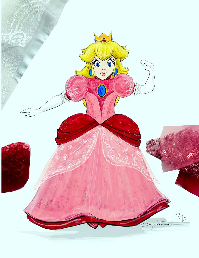 Princess Peach in a pink ball gown with puffed sleeves and red panniers, USJ anniversary shows. Costume sketch by Cynthia Nordstrom