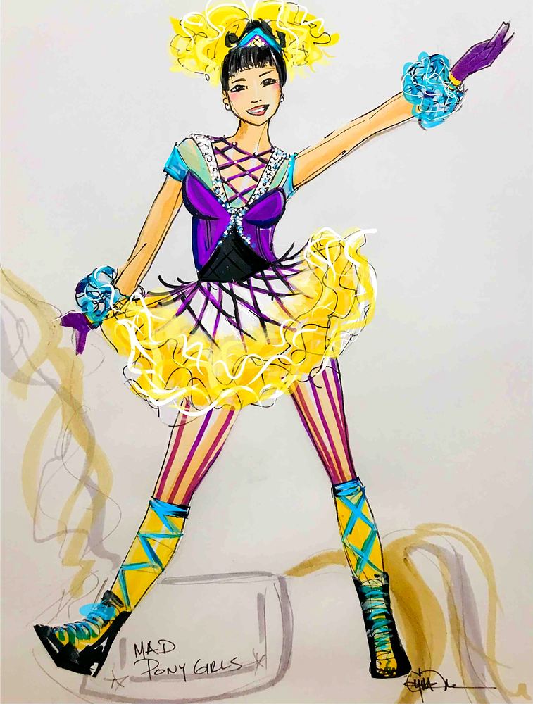 Dancer in yellow hair, purple laced bodice, ruffled skirt and striped tights, Universal Beijing parade. Costume sketch by Cynthia Nordstrom