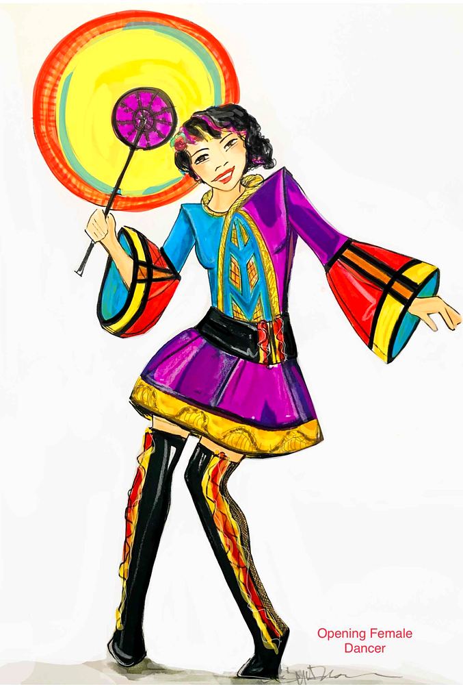 Opening dancer in a teal and purple wide-sleeve top, purple skirt and parasol, Universal Beijing parade. Costume sketch by Cynthia Nordstrom