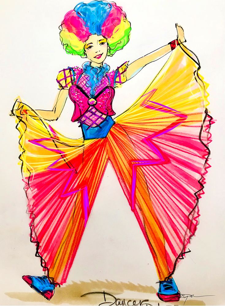 Dancer in a rainbow wig and a pleated yellow and pink fan skirt, Universal Beijing parade. Costume sketch by Cynthia Nordstrom