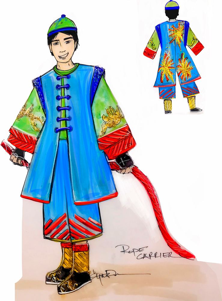 Male performer in a blue embroidered robe, green cap and red ribbon, Universal Beijing parade. Costume sketch by Cynthia Nordstrom
