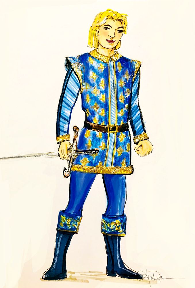 Universal Studios Beijing Resort opening parade: costume sketch of a prince in blue and gold. Costume design by Cynthia Nordstrom. Costume sketch by Cynthia Nordstrom