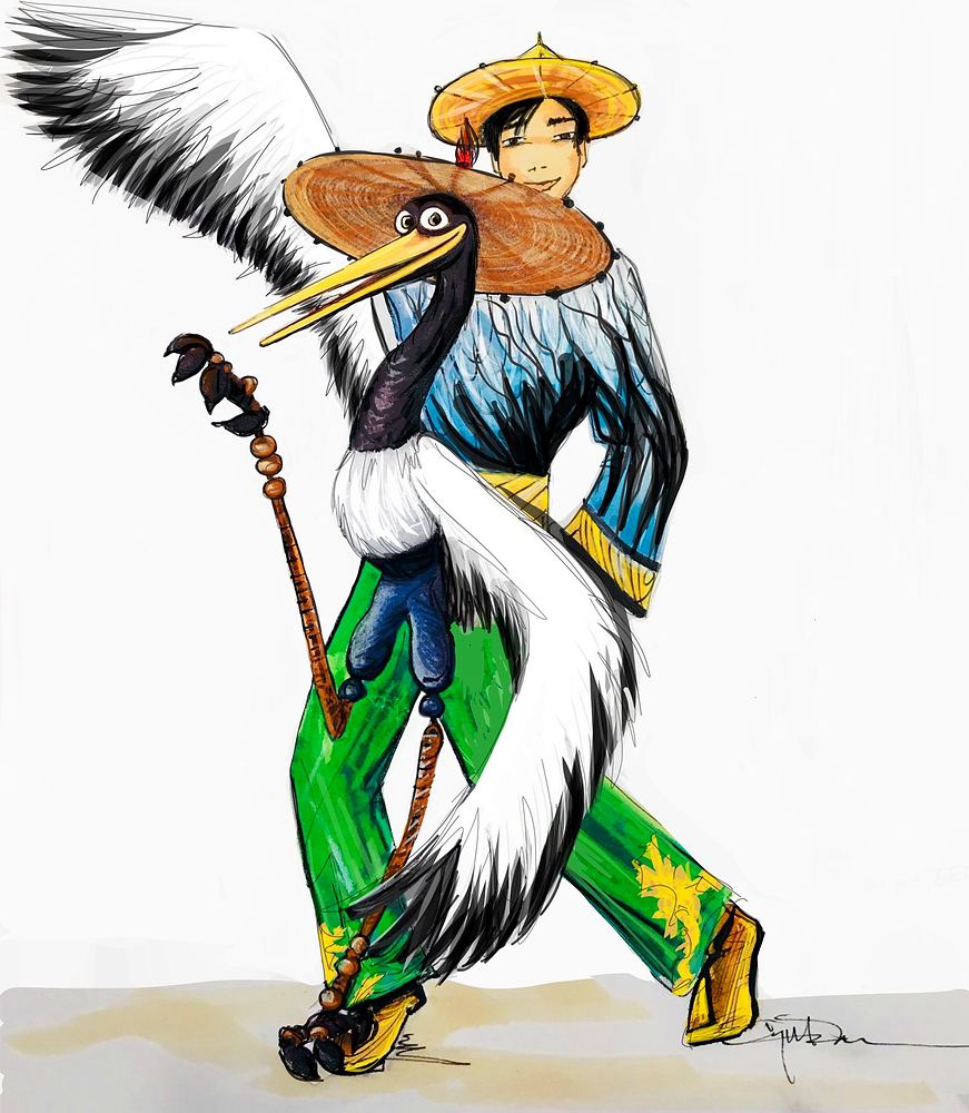 Universal Studios Beijing Resort opening parade: costume sketch for the Crane puppeteer (Kung Fu Panda). Costume design by Cynthia Nordstrom. Costume sketch by Cynthia Nordstrom