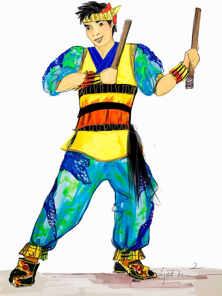 Universal Studios Beijing Resort opening parade: costume sketch for a parade drummer. Costume design by Cynthia Nordstrom. Costume sketch by Cynthia Nordstrom