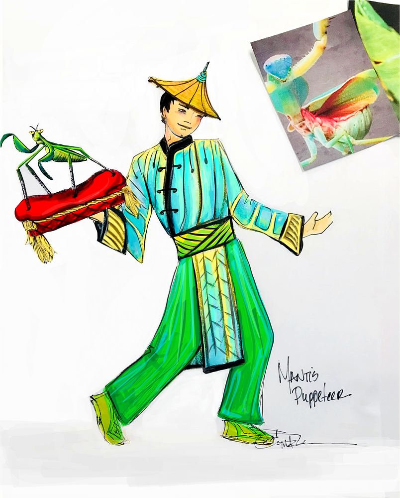 Universal Studios Beijing Resort opening parade: costume sketch for the Mantis puppeteer (Kung Fu Panda). Costume design by Cynthia Nordstrom. Costume sketch by Cynthia Nordstrom