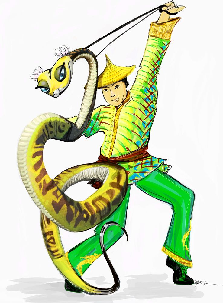 Universal Studios Beijing Resort opening parade: costume sketch for the Viper puppeteer (Kung Fu Panda). Costume design by Cynthia Nordstrom. Costume sketch by Cynthia Nordstrom